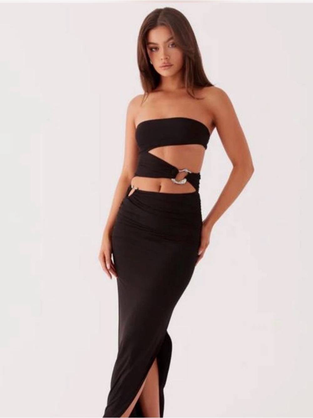 Peppermayo Black Cutout Maxi Skirt with Silver Ring Detail